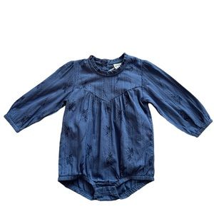 Baby girl blue printed bubble romper long sleeve with matching headband